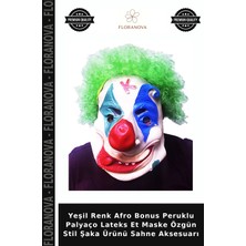 Floranova Yeşil Renk Afro Bonus Peruklu Palyaço Lateks Et Maske Özgün Stil Şaka Ürünü Sahne Aksesuarı