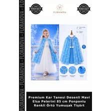 Floranova Premium Kar Tanesi Desenli Mavi Elsa Pelerini 85 cm Ponponlu Renkli Örtü Yumuşak Tişört