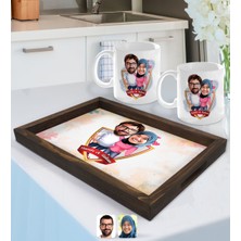 BK Gift Kişiye Özel Isimli Sevgililer Karikatürlü Doğal Ahşap Tepsi ve 2’li Kupa Bardak Seti-58