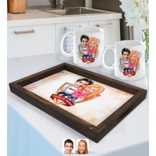 BK Gift Kişiye Özel Isimli Sevgililer Karikatürlü Doğal Ahşap Tepsi ve 2’li Kupa Bardak Seti-5