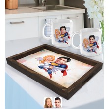 BK Gift Kişiye Özel Sevgililer Karikatürlü Doğal Ahşap Tepsi ve 2’li Kupa Bardak Seti-92