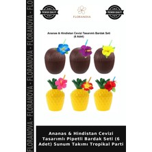 Floranova Ananas & Hindistan Cevizi Tasarımlı Pipetli Bardak Seti (6 Adet) Sunum Takımı Tropikal Parti
