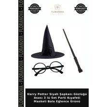 Floranova Harry Potter Siyah Şapkası Gözlüğü Asası 3 Lü Set Parti Kıyafeti Maskeli Balo Eğlence Ürünü