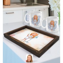 BK Gift Kişiye Özel Hemşire Karikatürlü Doğal Ahşap Tepsi ve 2’li Kupa Bardak Seti-2