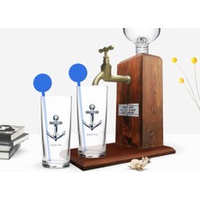 BK Gift Kişiye Özel Renkli Baskılı Çapa Figürlü Ikili Vodka Bardağı ve Ahşap Vodka Standı Hediye Seti-1