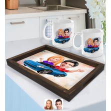BK Gift Kişiye Özel Sevgililer Karikatürlü Doğal Ahşap Tepsi ve 2’li Kupa Bardak Seti-52