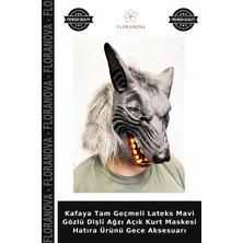 Floranova Kafaya Tam Geçmeli Lateks Mavi Gözlü Dişli Ağzı Açık Kurt Maskesi Hatıra Ürünü Gece Aksesuarı