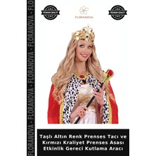 Floranova Taşlı Altın Renk Prenses Tacı ve Kırmızı Kraliyet Prenses Asası Etkinlik Gereci Kutlama Aracı