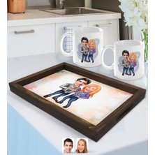 BK Gift Kişiye Özel Sevgililer Karikatürlü Doğal Ahşap Tepsi ve 2’li Kupa Bardak Seti-50