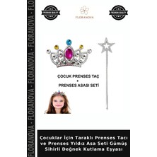 Floranova Çocuklar Için Taraklı Prenses Tacı ve Prenses Yıldız Asa Seti Gümüş Sihirli Değnek Kutlama Eşyası