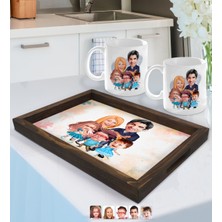 BK Gift Kişiye Özel Aile Karikatürlü Doğal Ahşap Tepsi ve 2’li Kupa Bardak Seti-7