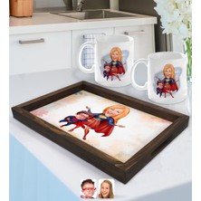 BK Gift Kişiye Özel Süper Anne ve Süper Çocuk Karikatürlü Doğal Ahşap Tepsi ve 2’li Kupa Bardak Seti-1