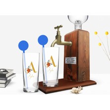BK Gift Kişiye Özel Renkli Baskılı Harf ve Isim Tasarımlı Ikili Vodka Bardağı ve Ahşap Vodka Standı Hediye Seti-1
