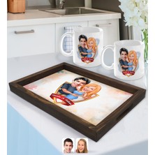 BK Gift Kişiye Özel Isimli Sevgililer Karikatürlü Doğal Ahşap Tepsi ve 2’li Kupa Bardak Seti-14