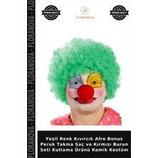 Floranova Yeşil Renk Kıvırcık Afro Bonus Peruk Takma Saç ve Kırmızı Burun Seti Kutlama Ürünü Komik Kostüm