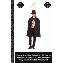 Floranova Siyah Sihirbaz Pelerini 120 cm ve Sihirbaz Şapkası 12 cm Yetişkin Boy Parti Kıyafet Alternatif