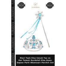 Floranova Mavi Taşlı Elsa Çocuk Taç ve Kar Temalı Kurdeleli Elsa Asası Sopası Parti Aksesuarı Parıltılı Set