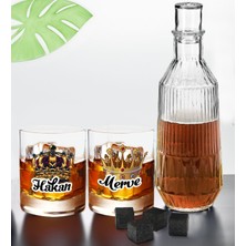 Bk Gift Kişiye Özel Isimli Dtf Kral Kraliçe Tacı Tasarımlı Ikili Viski Kadehi, Viski Taşı ve Karaf Seti, Arkadaşa Hediye, Sevgiliye Hediye