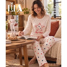 Lila Kadın Kırmızı Yıldız Desenli "but First" Pijama Takımı - Anne Çocuk Kombini Anne Parçası