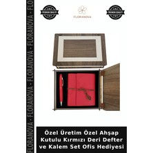 Floranova Özel Üretim Özel Ahşap Kutulu Kırmızı Deri Defter ve Kalem Set Ofis Hediyesi