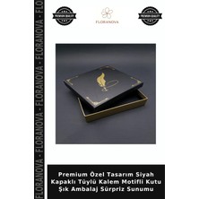 Floranova Premium Özel Tasarım Siyah Kapaklı Tüylü Kalem Motifli Kutu Şık Ambalaj Sürpriz Sunumu