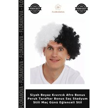 Floranova Siyah Beyaz Kıvırcık Afro Bonus Peruk Taraftar Bonus Saç Stadyum Stili Maç Günü Eğlenceli Stil