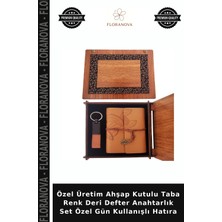 Floranova Özel Üretim Ahşap Kutulu Taba Renk Deri Defter Anahtarlık Set Özel Gün Kullanışlı Hatıra
