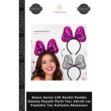 Floranova Delux Serisi Çift Renkli Pembe Gümüş Payetli Parti Tacı 20X16 cm Fiyonklu Taç Kutlama Aksesuarı