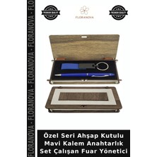 Floranova Özel Seri Ahşap Kutulu Mavi Kalem Anahtarlık Set Çalışan Fuar Yönetici
