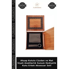Floranova Ahşap Kutulu Cüzdan ve Mat Siyah Anahtarlık Sunum Hediyelik Kutu Erkek Aksesuar Seti