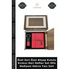 Floranova Özel Seri Özel Ahşap Kutulu Kırmızı Deri Defter Set Ofis Hediyesi Hatıra Yazı Seti