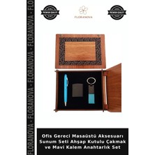 Floranova Ofis Gereci Masaüstü Aksesuarı Sunum Seti Ahşap Kutulu Çakmak ve Mavi Kalem Anahtarlık Set