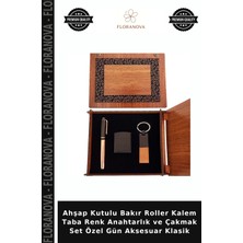 Floranova Ahşap Kutulu Bakır Roller Kalem Taba Renk Anahtarlık ve Çakmak Set Özel Gün Aksesuar Klasik