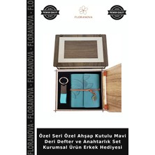 Floranova Özel Seri Özel Ahşap Kutulu Mavi Deri Defter ve Anahtarlık Set Kurumsal Ürün Erkek Hediyesi