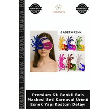 Floranova Premium 6'lı Renkli Balo Maskesi Seti Karnaval Ürünü Esnek Yapı Kostüm Detayı