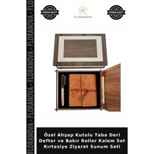 Floranova Özel Ahşap Kutulu Taba Deri Defter ve Bakır Roller Kalem Set Kırtasiye Ziyaret Sunum Seti
