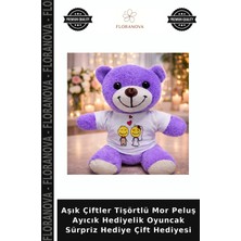 Floranova Aşık Çiftler Tişörtlü Mor Peluş Ayıcık Hediyelik Oyuncak Sürpriz Hediye Çift Hediyesi
