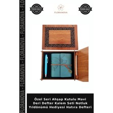 Floranova Özel Seri Ahşap Kutulu Mavi Deri Defter Kalem Seti Notluk Yıldönümü Hediyesi Hatıra Defteri