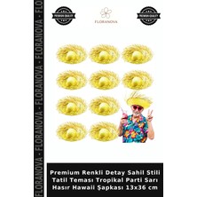 Floranova Premium Renkli Detay Sahil Stili Tatil Teması Tropikal Parti Sarı Hasır Hawaii Şapkası 13X36 cm
