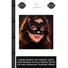 Floranova Kadife Dokulu Sim Detaylı Işıltılı Kedi Maskesi Kırmızı Gümüş 20X13 cm Gece Aksesuarı Kutlama Objesi