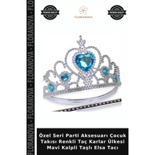 Floranova Özel Seri Parti Aksesuarı Çocuk Takısı Renkli Taç Karlar Ülkesi Mavi Kalpli Taşlı Elsa Tacı
