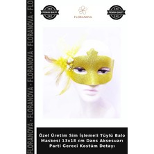 Floranova Özel Üretim Sim Işlemeli Tüylü Balo Maskesi 13X18 cm Dans Aksesuarı Parti Gereci Kostüm Detayı