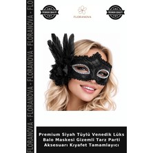 Floranova Premium Siyah Tüylü Venedik Lüks Balo Maskesi Gizemli Tarz Parti Aksesuarı Kıyafet Tamamlayıcı