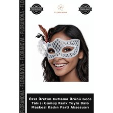 Floranova Özel Üretim Kutlama Ürünü Gece Takısı Gümüş Renk Tüylü Balo Maskesi Kadın Parti Aksesuarı