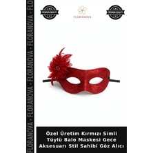 Floranova Özel Üretim Kırmızı Simli Tüylü Balo Maskesi Gece Aksesuarı Stil Sahibi Göz Alıcı