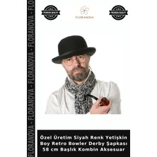 Floranova Özel Üretim Siyah Renk Yetişkin Boy Retro Bowler Derby Şapkası 58 cm Başlık Kombin Aksesuar