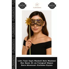 Floranova Lüks Taşlı Saplı Maskeli Balo Maskesi Mor Renk 35 cm Fotoğraf Objesi Gece Aksesuarı Kutlama Eşyası