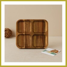 Bezos Akasya Ahşap 4 Bölmeli Kare Servis Tepsisi 20X20X1.4 cm Bcks