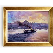 Giyense Tablo Istanbul Temalı Vapur ve Camii Manzaralı Gold Çerçeveli Lüks Tablo