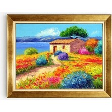 Giyense Tablo Deniz Kenarı Taş Ev ve Çiçek Bahçesi Manzaralı Çerçeveli Kanvas Tablo